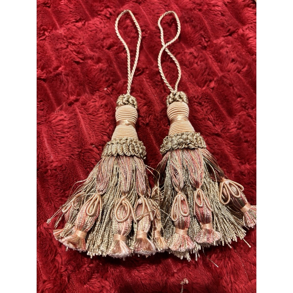 VTG Pair Curtain Tie Backs Furniture Tassels Apricot Pink Gold 5" Fringe Cords